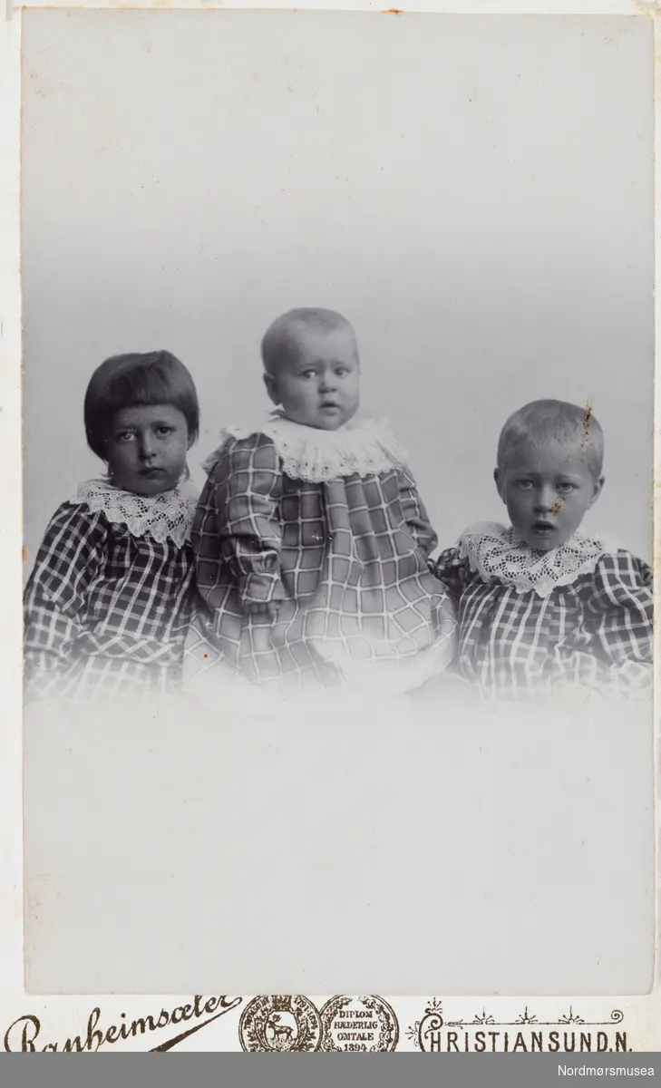 Tre små barn. Familiealbum trolig etter familien Vahlen, bosatt på Dahle, nå under Kristiansund kommune. Hovedsaklig type Carte de visite. Funnet ved rydding av dødsbo. Donert til museet 17.09.2021.