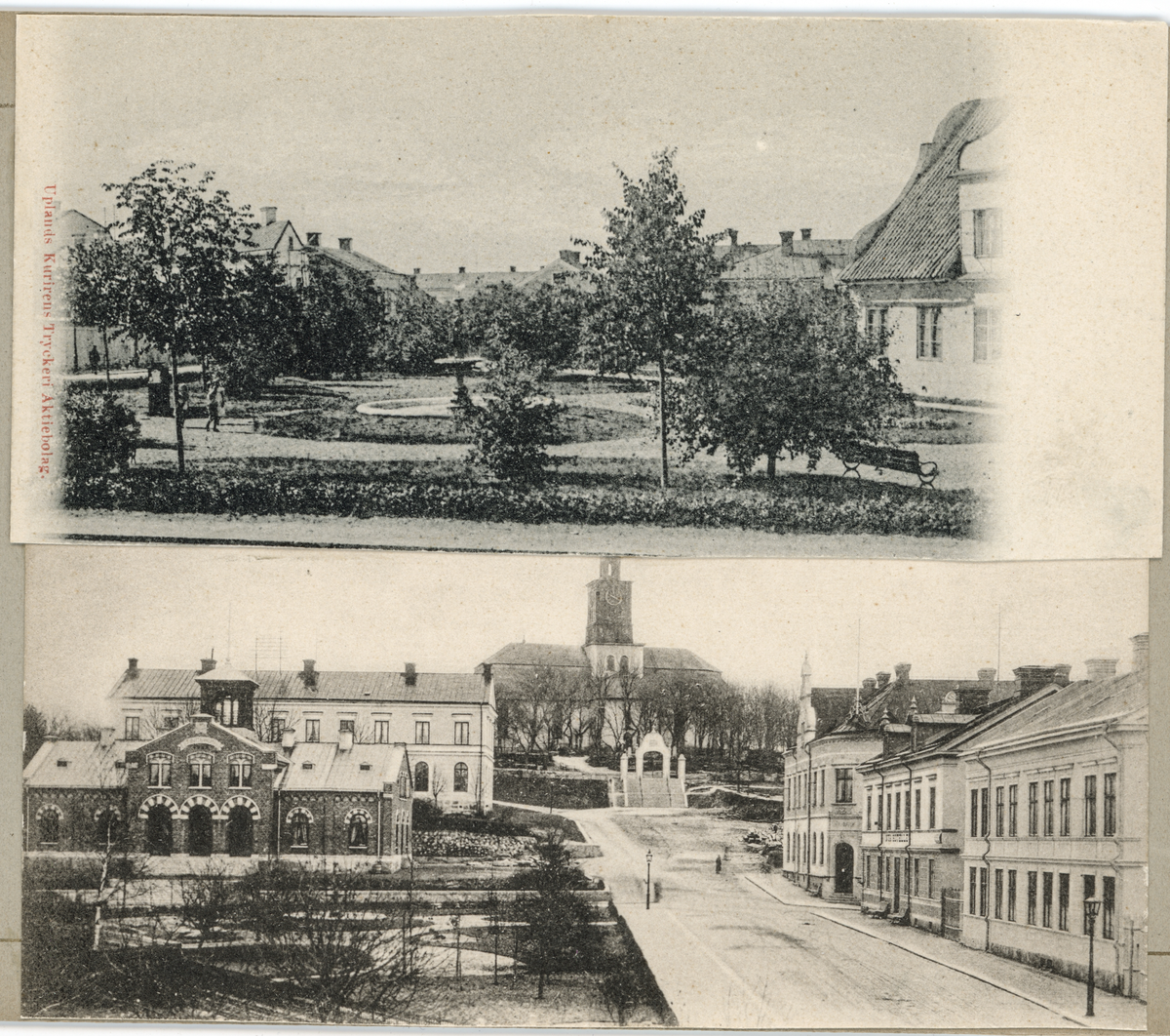 Det övre vykortet har motiv från parken "Trekanten" (Afzelii plan) framför prästgården som skymtas längst ut till höger. Denna bild är fotograferad av Hilda Isaeus före 1905. Den nedre bilden har motiv av Kyrkogatan upp mot Vårfrukyrkan. I bild ser vi även Trekanten, Tingshuset (gamla) och Elementarläroverket till vänster, samt gamla Sparbankshuset och Nya Hotellet till höger.

Båda vykorten är beskruna och inklistade i vykortsalbum, EM 6774:h.