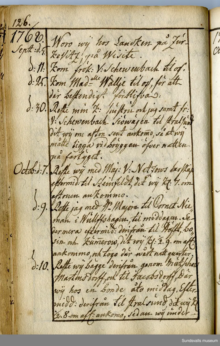 Dagbok. Anders Modée (1732-1800)

Anders Modée föddes i Stockholm. Han gjorde militär karriär och avslutade som kapten 1768. 
Anders Modée bosatte sig i Sundsvall där han arbetade som bränneriinspektor och förvaltare. Han avled i Tuna (Y).
Anteckningarna är bland annat från hans tjänstgöring i det pommerska kriget (1758–1760). I slutet av boken finns anteckningar från 1834–1840, av okänd hand.

Se länkad fil för komplett dagbok