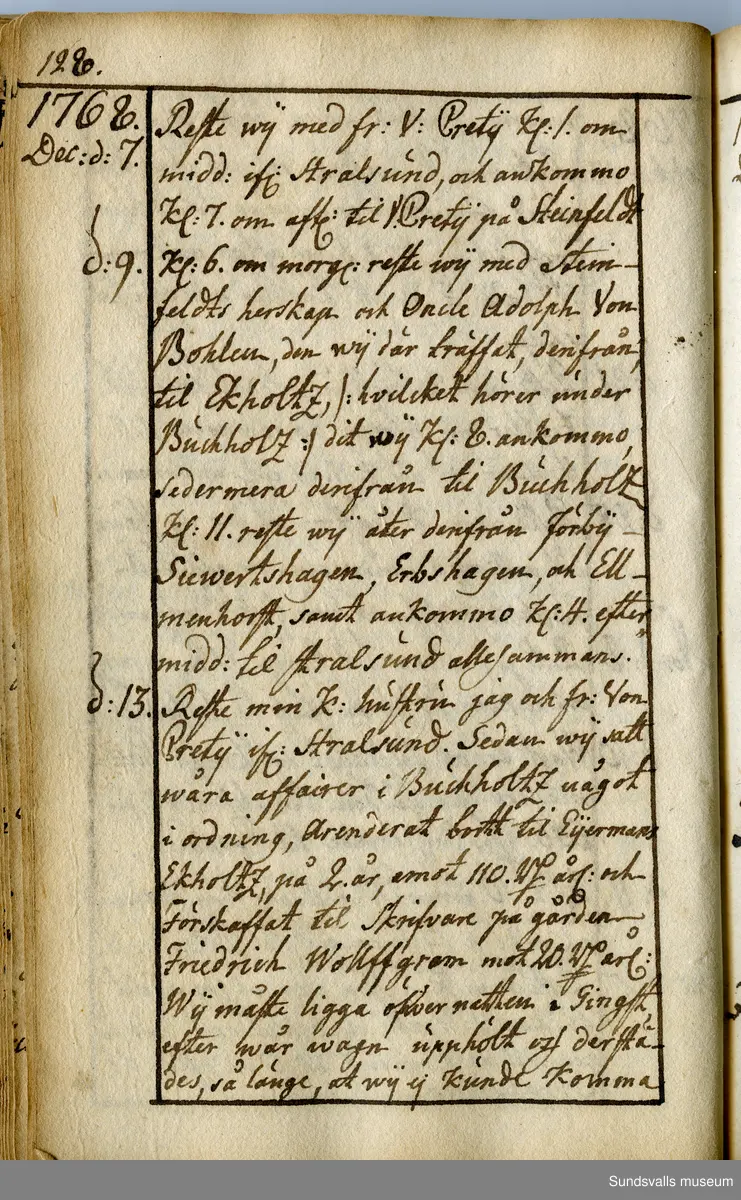 Dagbok. Anders Modée (1732-1800)

Anders Modée föddes i Stockholm. Han gjorde militär karriär och avslutade som kapten 1768. 
Anders Modée bosatte sig i Sundsvall där han arbetade som bränneriinspektor och förvaltare. Han avled i Tuna (Y).
Anteckningarna är bland annat från hans tjänstgöring i det pommerska kriget (1758–1760). I slutet av boken finns anteckningar från 1834–1840, av okänd hand.

Se länkad fil för komplett dagbok