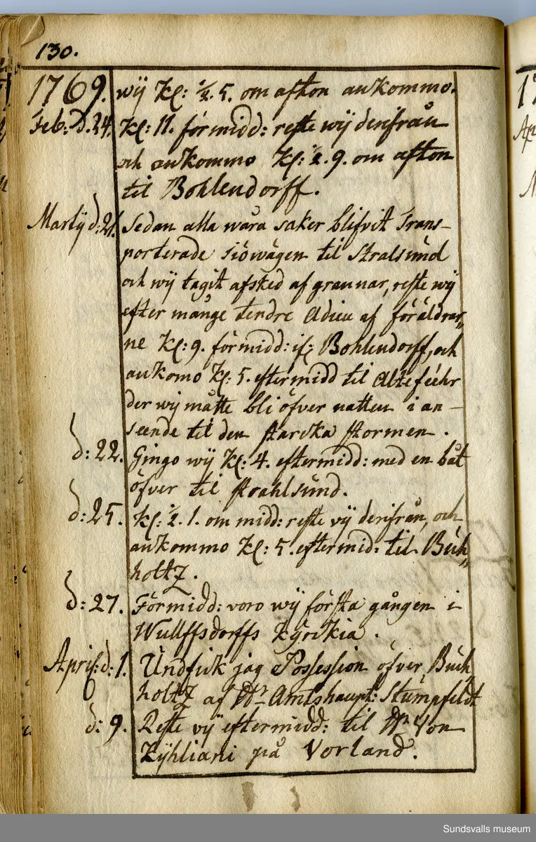 Dagbok skriven av Anders Modée (1732–1800). Modée gjorde militär karriär och avslutade som kapten vid sitt avsked 1768. 
Anteckningar är bland annat från hans tjänstgöring i det pommerska kriget (1758–1760).

I slutet av boken finns anteckningar från 1834–1840, av okänd hand.