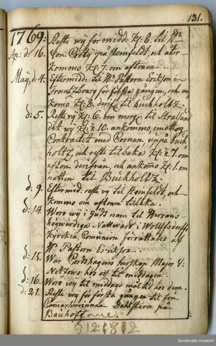 Dagbok. Anders Modée (1732-1800)

Anders Modée föddes i Stockholm. Han gjorde militär karriär och avslutade som kapten 1768. 
Anders Modée bosatte sig i Sundsvall där han arbetade som bränneriinspektor och förvaltare. Han avled i Tuna (Y).
Anteckningarna är bland annat från hans tjänstgöring i det pommerska kriget (1758–1760). I slutet av boken finns anteckningar från 1834–1840, av okänd hand.

Se länkad fil för komplett dagbok