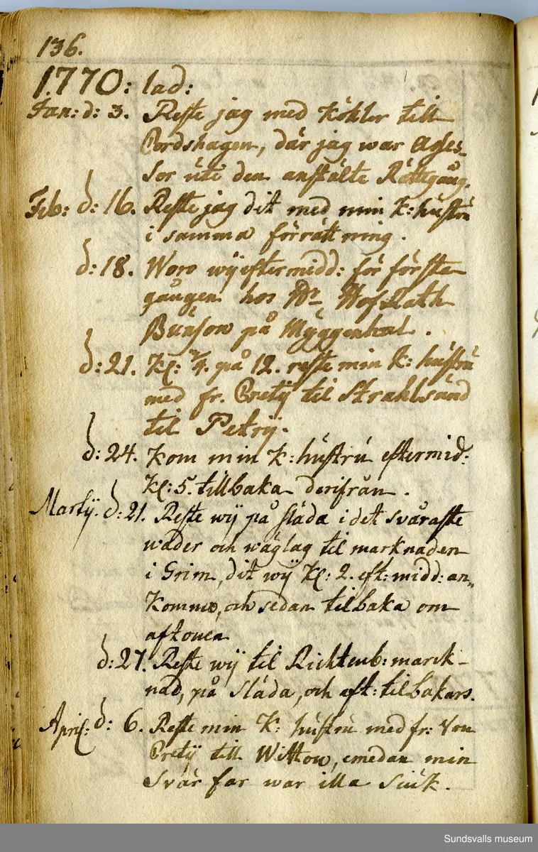 Dagbok. Anders Modée (1732-1800)

Anders Modée föddes i Stockholm. Han gjorde militär karriär och avslutade som kapten 1768. 
Anders Modée bosatte sig i Sundsvall där han arbetade som bränneriinspektor och förvaltare. Han avled i Tuna (Y).
Anteckningarna är bland annat från hans tjänstgöring i det pommerska kriget (1758–1760). I slutet av boken finns anteckningar från 1834–1840, av okänd hand.

Se länkad fil för komplett dagbok
