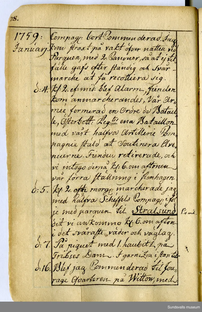 Dagbok skriven av Anders Modée (1732–1800). Modée gjorde militär karriär och avslutade som kapten vid sitt avsked 1768. 
Anteckningar är bland annat från hans tjänstgöring i det pommerska kriget (1758–1760).

I slutet av boken finns anteckningar från 1834–1840, av okänd hand.