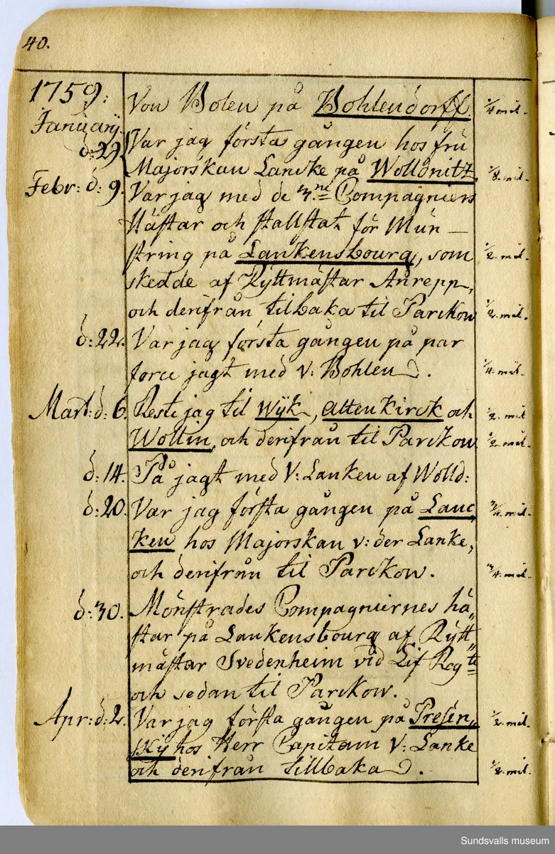 Dagbok skriven av Anders Modée (1732–1800). Modée gjorde militär karriär och avslutade som kapten vid sitt avsked 1768. 
Anteckningar är bland annat från hans tjänstgöring i det pommerska kriget (1758–1760).

I slutet av boken finns anteckningar från 1834–1840, av okänd hand.