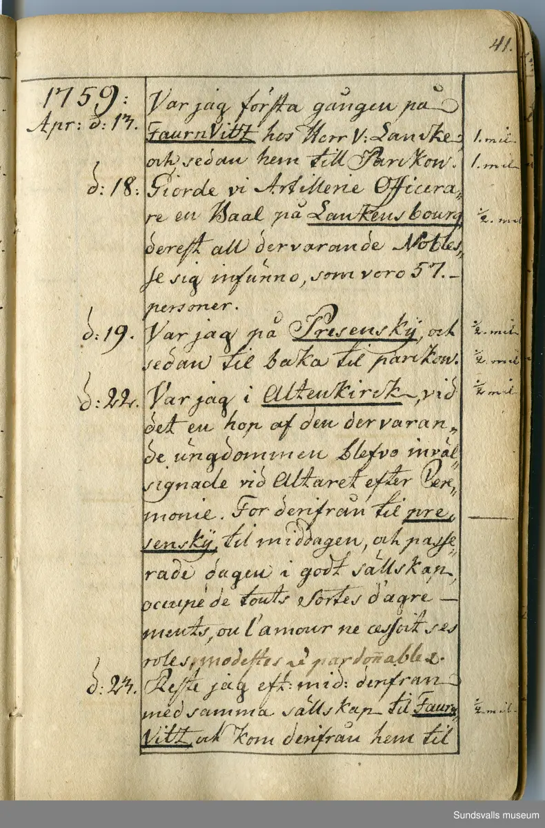 Dagbok. Anders Modée (1732-1800)

Anders Modée föddes i Stockholm. Han gjorde militär karriär och avslutade som kapten 1768. 
Anders Modée bosatte sig i Sundsvall där han arbetade som bränneriinspektor och förvaltare. Han avled i Tuna (Y).
Anteckningarna är bland annat från hans tjänstgöring i det pommerska kriget (1758–1760). I slutet av boken finns anteckningar från 1834–1840, av okänd hand.

Se länkad fil för komplett dagbok