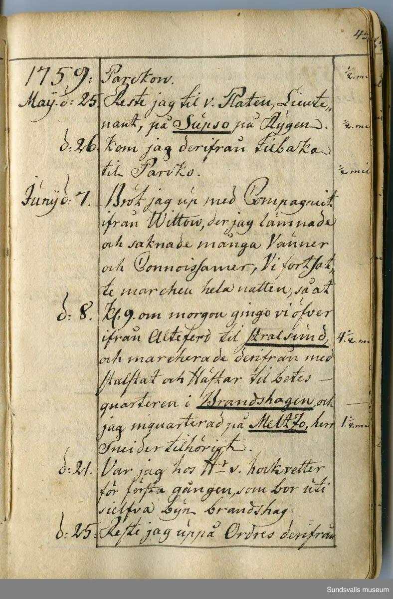 Dagbok. Anders Modée (1732-1800)

Anders Modée föddes i Stockholm. Han gjorde militär karriär och avslutade som kapten 1768. 
Anders Modée bosatte sig i Sundsvall där han arbetade som bränneriinspektor och förvaltare. Han avled i Tuna (Y).
Anteckningarna är bland annat från hans tjänstgöring i det pommerska kriget (1758–1760). I slutet av boken finns anteckningar från 1834–1840, av okänd hand.

Se länkad fil för komplett dagbok