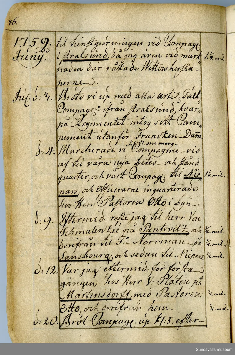 Dagbok. Anders Modée (1732-1800)

Anders Modée föddes i Stockholm. Han gjorde militär karriär och avslutade som kapten 1768. 
Anders Modée bosatte sig i Sundsvall där han arbetade som bränneriinspektor och förvaltare. Han avled i Tuna (Y).
Anteckningarna är bland annat från hans tjänstgöring i det pommerska kriget (1758–1760). I slutet av boken finns anteckningar från 1834–1840, av okänd hand.

Se länkad fil för komplett dagbok