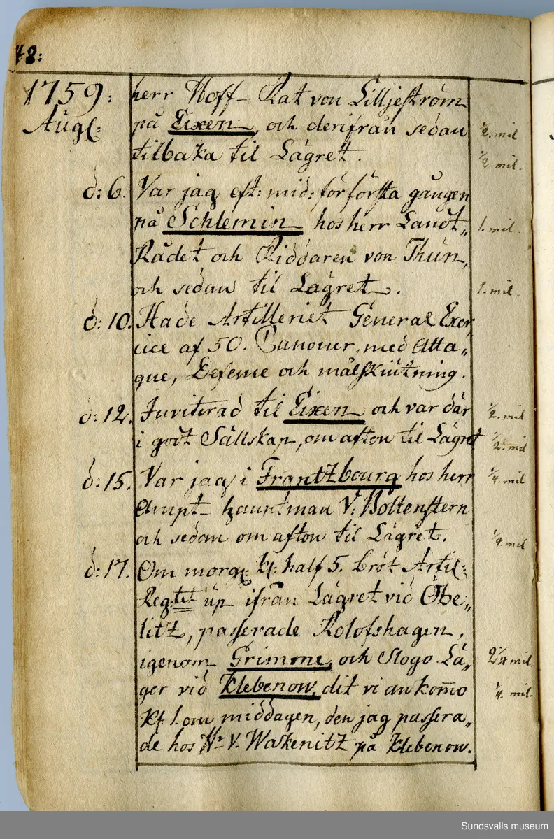 Dagbok skriven av Anders Modée (1732–1800). Modée gjorde militär karriär och avslutade som kapten vid sitt avsked 1768. 
Anteckningar är bland annat från hans tjänstgöring i det pommerska kriget (1758–1760).

I slutet av boken finns anteckningar från 1834–1840, av okänd hand.