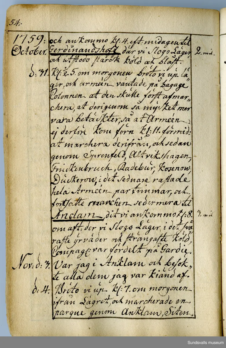 Dagbok. Anders Modée (1732-1800)

Anders Modée föddes i Stockholm. Han gjorde militär karriär och avslutade som kapten 1768. 
Anders Modée bosatte sig i Sundsvall där han arbetade som bränneriinspektor och förvaltare. Han avled i Tuna (Y).
Anteckningarna är bland annat från hans tjänstgöring i det pommerska kriget (1758–1760). I slutet av boken finns anteckningar från 1834–1840, av okänd hand.

Se länkad fil för komplett dagbok