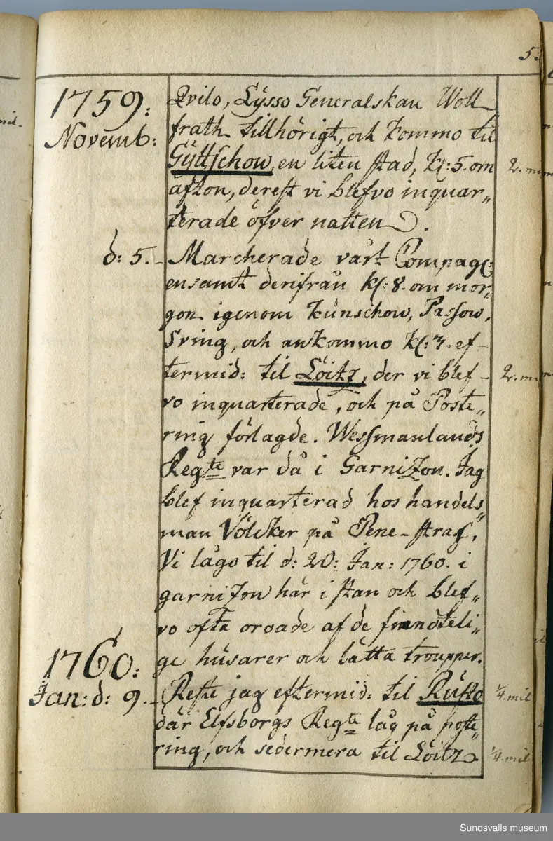 Dagbok. Anders Modée (1732-1800)

Anders Modée föddes i Stockholm. Han gjorde militär karriär och avslutade som kapten 1768. 
Anders Modée bosatte sig i Sundsvall där han arbetade som bränneriinspektor och förvaltare. Han avled i Tuna (Y).
Anteckningarna är bland annat från hans tjänstgöring i det pommerska kriget (1758–1760). I slutet av boken finns anteckningar från 1834–1840, av okänd hand.

Se länkad fil för komplett dagbok