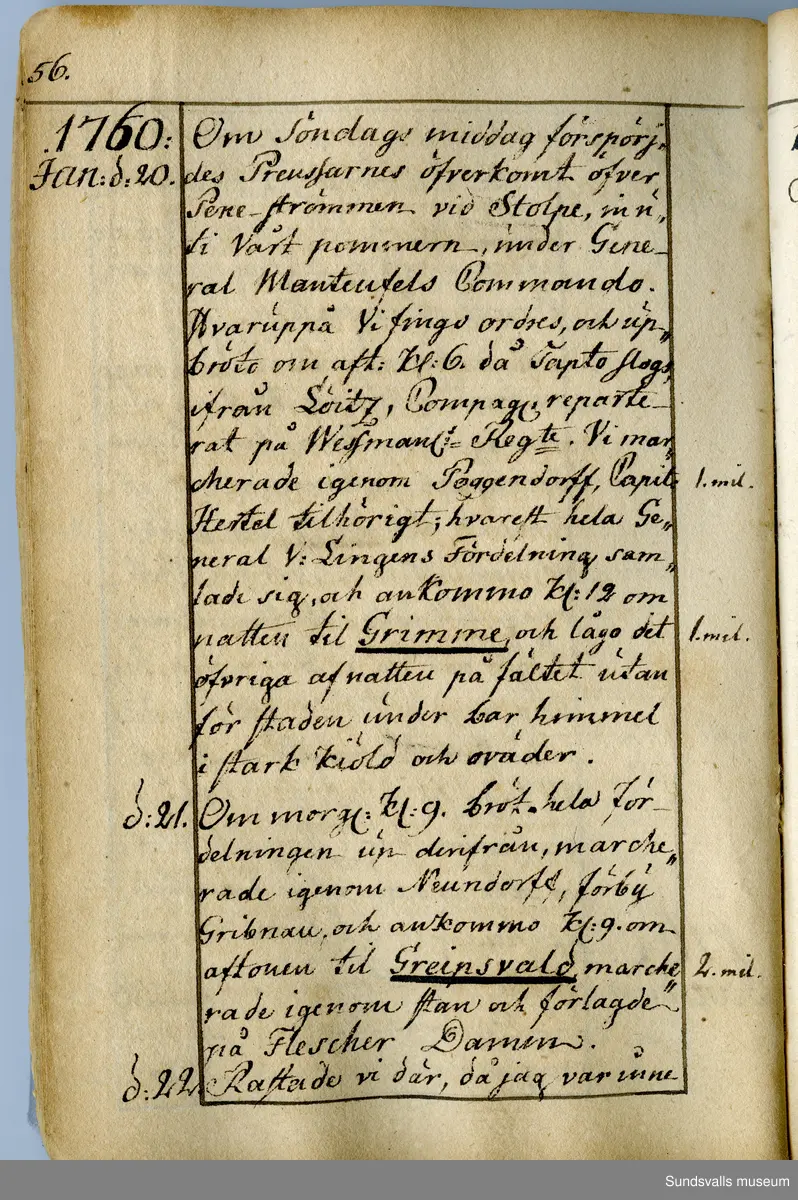 Dagbok. Anders Modée (1732-1800)

Anders Modée föddes i Stockholm. Han gjorde militär karriär och avslutade som kapten 1768. 
Anders Modée bosatte sig i Sundsvall där han arbetade som bränneriinspektor och förvaltare. Han avled i Tuna (Y).
Anteckningarna är bland annat från hans tjänstgöring i det pommerska kriget (1758–1760). I slutet av boken finns anteckningar från 1834–1840, av okänd hand.

Se länkad fil för komplett dagbok