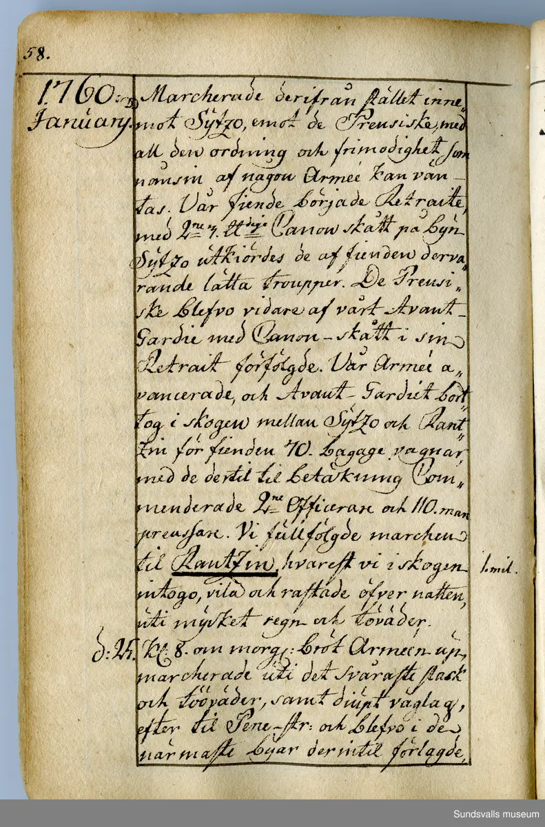 Dagbok skriven av Anders Modée (1732–1800). Modée gjorde militär karriär och avslutade som kapten vid sitt avsked 1768. 
Anteckningar är bland annat från hans tjänstgöring i det pommerska kriget (1758–1760).

I slutet av boken finns anteckningar från 1834–1840, av okänd hand.