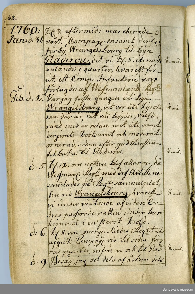 Dagbok. Anders Modée (1732-1800)

Anders Modée föddes i Stockholm. Han gjorde militär karriär och avslutade som kapten 1768. 
Anders Modée bosatte sig i Sundsvall där han arbetade som bränneriinspektor och förvaltare. Han avled i Tuna (Y).
Anteckningarna är bland annat från hans tjänstgöring i det pommerska kriget (1758–1760). I slutet av boken finns anteckningar från 1834–1840, av okänd hand.

Se länkad fil för komplett dagbok