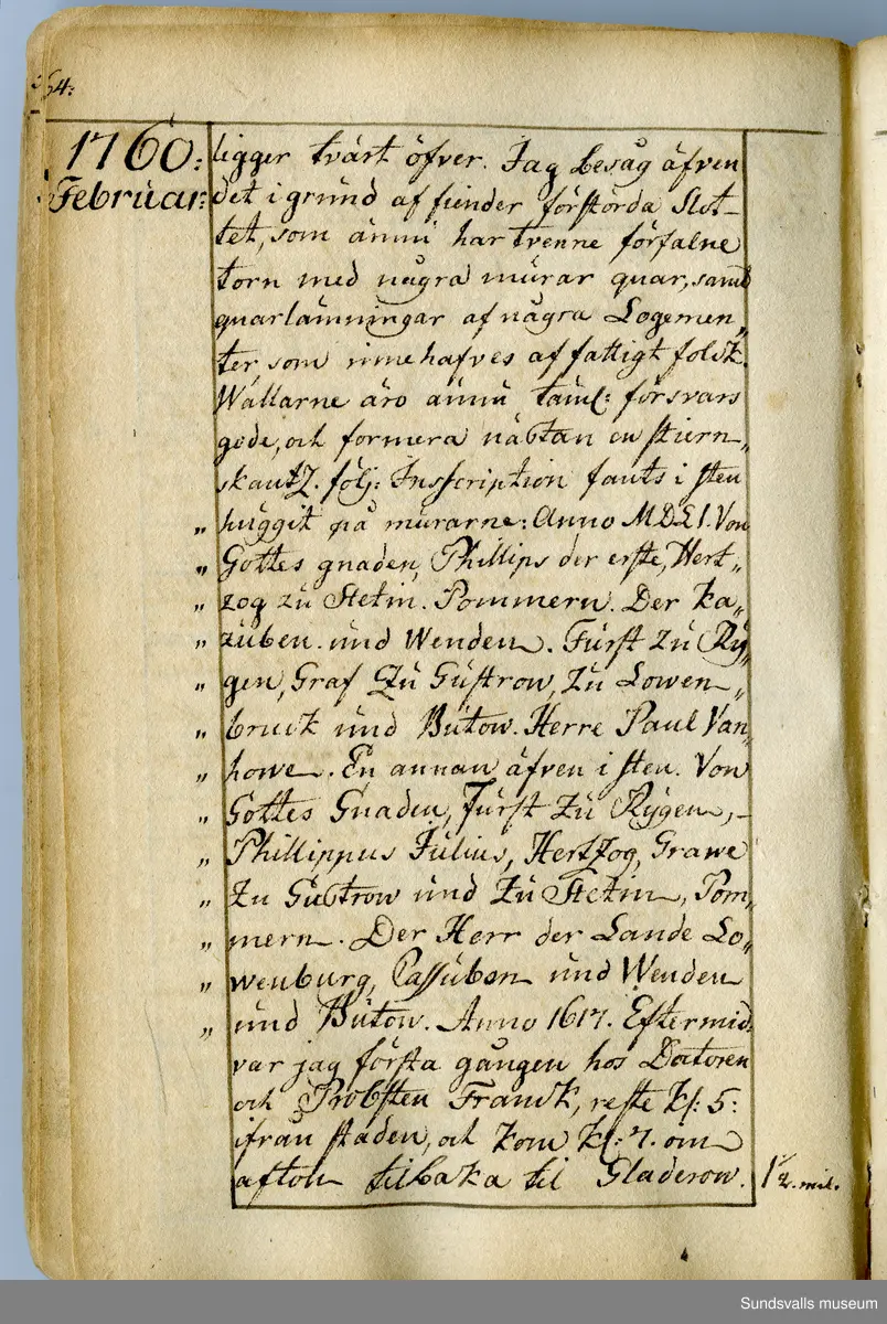 Dagbok. Anders Modée (1732-1800)

Anders Modée föddes i Stockholm. Han gjorde militär karriär och avslutade som kapten 1768. 
Anders Modée bosatte sig i Sundsvall där han arbetade som bränneriinspektor och förvaltare. Han avled i Tuna (Y).
Anteckningarna är bland annat från hans tjänstgöring i det pommerska kriget (1758–1760). I slutet av boken finns anteckningar från 1834–1840, av okänd hand.

Se länkad fil för komplett dagbok
