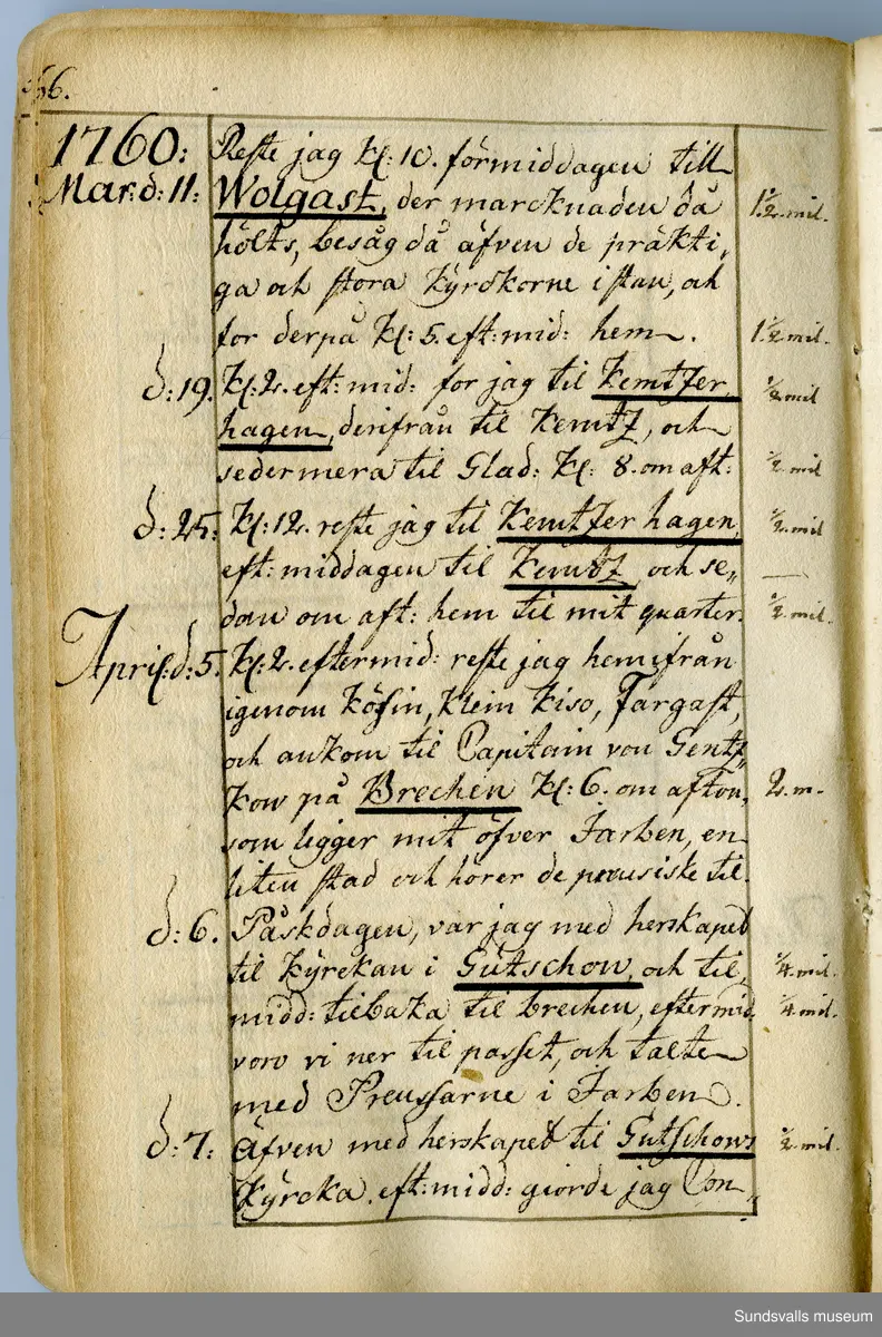 Dagbok skriven av Anders Modée (1732–1800). Modée gjorde militär karriär och avslutade som kapten vid sitt avsked 1768. 
Anteckningar är bland annat från hans tjänstgöring i det pommerska kriget (1758–1760).

I slutet av boken finns anteckningar från 1834–1840, av okänd hand.