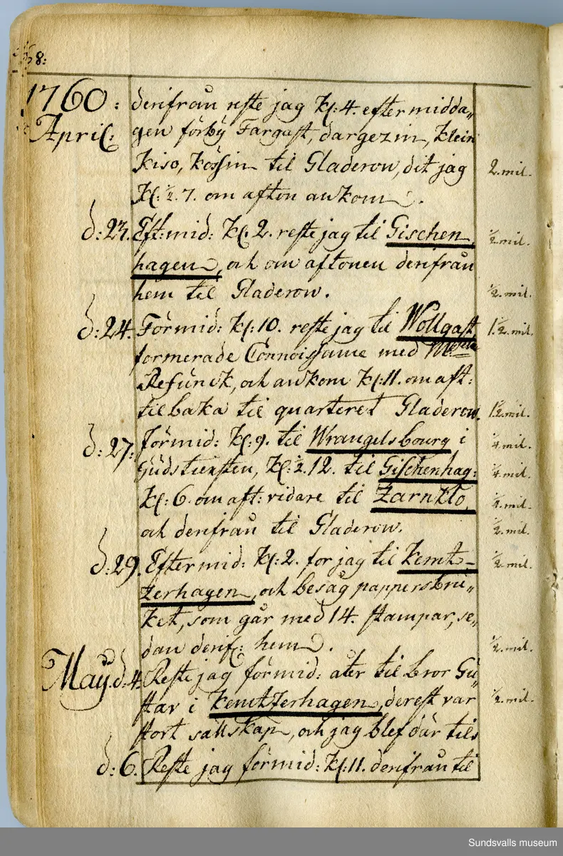 Dagbok. Anders Modée (1732-1800)

Anders Modée föddes i Stockholm. Han gjorde militär karriär och avslutade som kapten 1768. 
Anders Modée bosatte sig i Sundsvall där han arbetade som bränneriinspektor och förvaltare. Han avled i Tuna (Y).
Anteckningarna är bland annat från hans tjänstgöring i det pommerska kriget (1758–1760). I slutet av boken finns anteckningar från 1834–1840, av okänd hand.

Se länkad fil för komplett dagbok