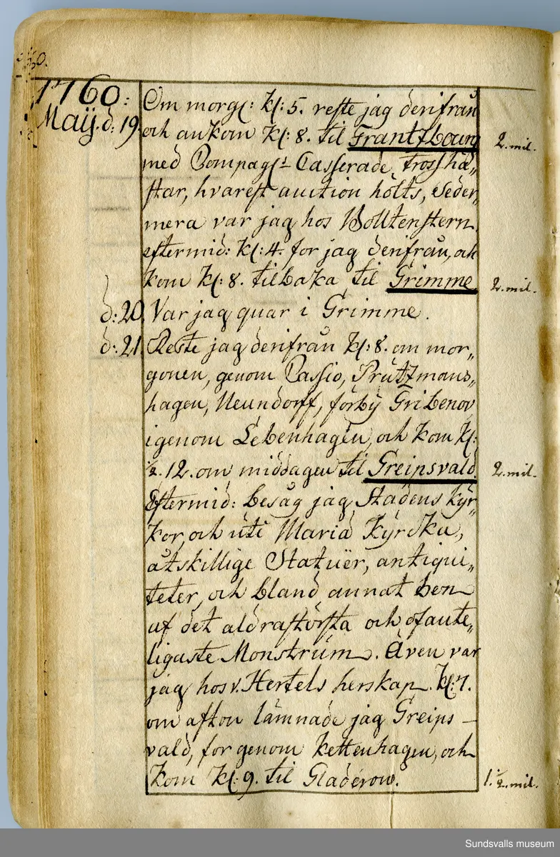 Dagbok. Anders Modée (1732-1800)

Anders Modée föddes i Stockholm. Han gjorde militär karriär och avslutade som kapten 1768. 
Anders Modée bosatte sig i Sundsvall där han arbetade som bränneriinspektor och förvaltare. Han avled i Tuna (Y).
Anteckningarna är bland annat från hans tjänstgöring i det pommerska kriget (1758–1760). I slutet av boken finns anteckningar från 1834–1840, av okänd hand.

Se länkad fil för komplett dagbok