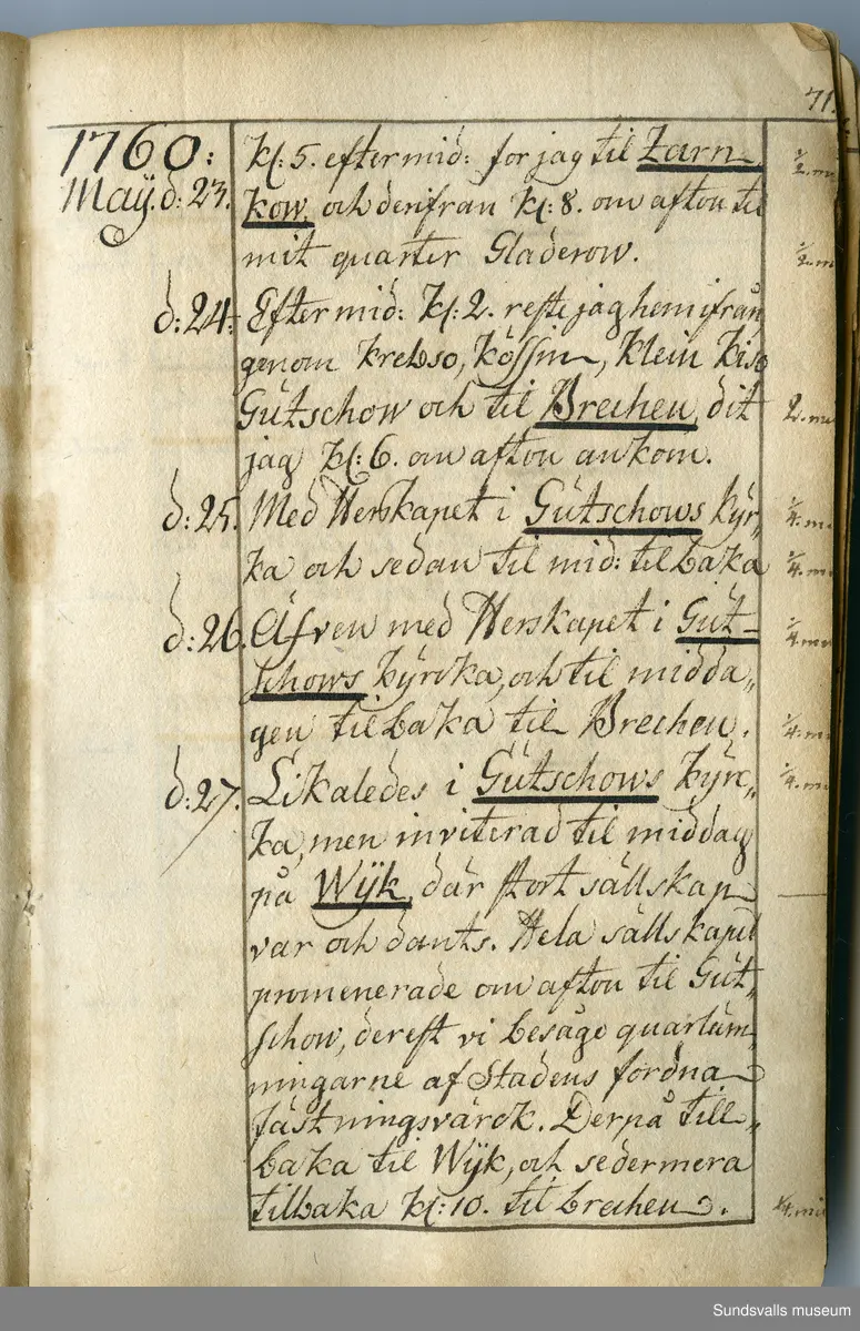 Dagbok. Anders Modée (1732-1800)

Anders Modée föddes i Stockholm. Han gjorde militär karriär och avslutade som kapten 1768. 
Anders Modée bosatte sig i Sundsvall där han arbetade som bränneriinspektor och förvaltare. Han avled i Tuna (Y).
Anteckningarna är bland annat från hans tjänstgöring i det pommerska kriget (1758–1760). I slutet av boken finns anteckningar från 1834–1840, av okänd hand.

Se länkad fil för komplett dagbok