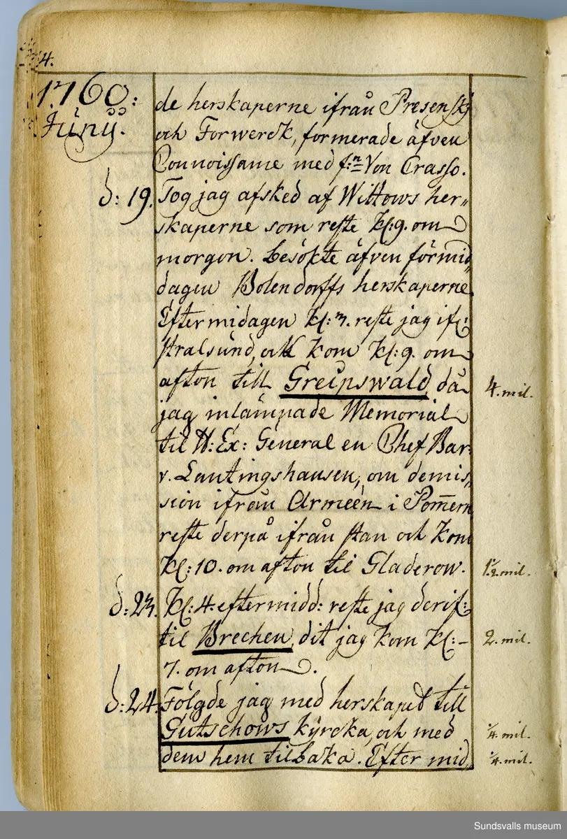 Dagbok. Anders Modée (1732-1800)

Anders Modée föddes i Stockholm. Han gjorde militär karriär och avslutade som kapten 1768. 
Anders Modée bosatte sig i Sundsvall där han arbetade som bränneriinspektor och förvaltare. Han avled i Tuna (Y).
Anteckningarna är bland annat från hans tjänstgöring i det pommerska kriget (1758–1760). I slutet av boken finns anteckningar från 1834–1840, av okänd hand.

Se länkad fil för komplett dagbok