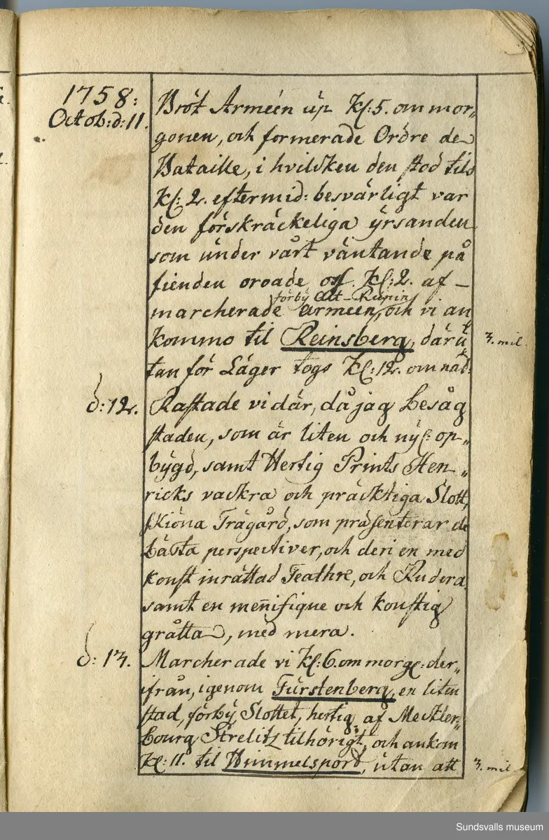 Dagbok. Anders Modée (1732-1800)

Anders Modée föddes i Stockholm. Han gjorde militär karriär och avslutade som kapten 1768. 
Anders Modée bosatte sig i Sundsvall där han arbetade som bränneriinspektor och förvaltare. Han avled i Tuna (Y).
Anteckningarna är bland annat från hans tjänstgöring i det pommerska kriget (1758–1760). I slutet av boken finns anteckningar från 1834–1840, av okänd hand.

Se länkad fil för komplett dagbok
