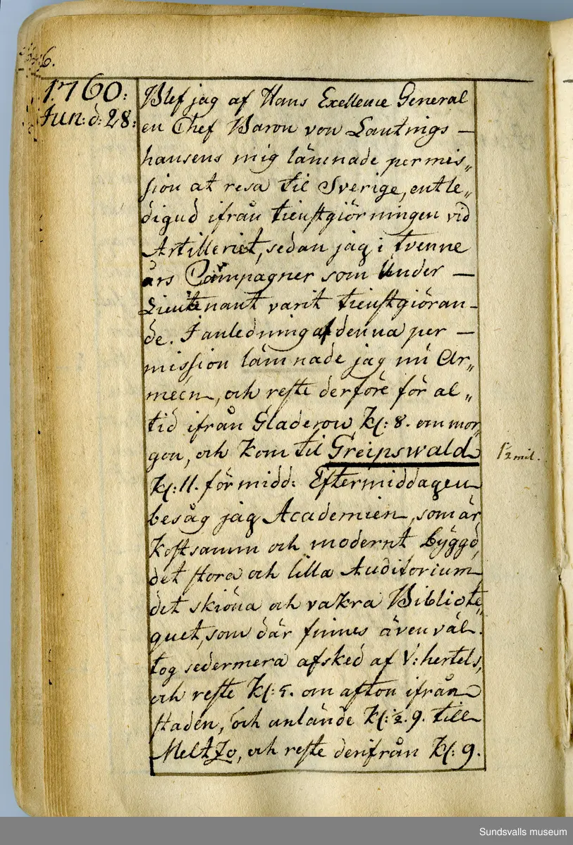 Dagbok. Anders Modée (1732-1800)

Anders Modée föddes i Stockholm. Han gjorde militär karriär och avslutade som kapten 1768. 
Anders Modée bosatte sig i Sundsvall där han arbetade som bränneriinspektor och förvaltare. Han avled i Tuna (Y).
Anteckningarna är bland annat från hans tjänstgöring i det pommerska kriget (1758–1760). I slutet av boken finns anteckningar från 1834–1840, av okänd hand.

Se länkad fil för komplett dagbok