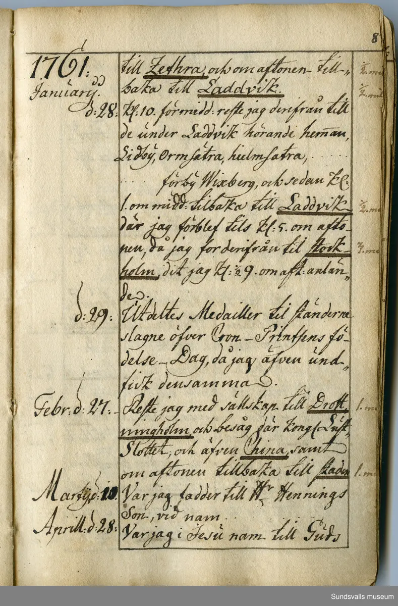 Dagbok. Anders Modée (1732-1800)

Anders Modée föddes i Stockholm. Han gjorde militär karriär och avslutade som kapten 1768. 
Anders Modée bosatte sig i Sundsvall där han arbetade som bränneriinspektor och förvaltare. Han avled i Tuna (Y).
Anteckningarna är bland annat från hans tjänstgöring i det pommerska kriget (1758–1760). I slutet av boken finns anteckningar från 1834–1840, av okänd hand.

Se länkad fil för komplett dagbok