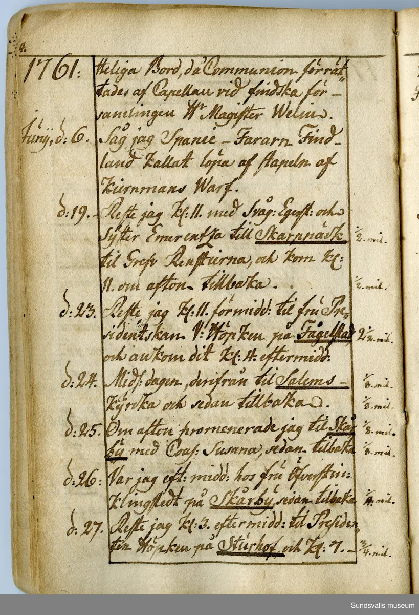 Dagbok. Anders Modée (1732-1800)

Anders Modée föddes i Stockholm. Han gjorde militär karriär och avslutade som kapten 1768. 
Anders Modée bosatte sig i Sundsvall där han arbetade som bränneriinspektor och förvaltare. Han avled i Tuna (Y).
Anteckningarna är bland annat från hans tjänstgöring i det pommerska kriget (1758–1760). I slutet av boken finns anteckningar från 1834–1840, av okänd hand.

Se länkad fil för komplett dagbok