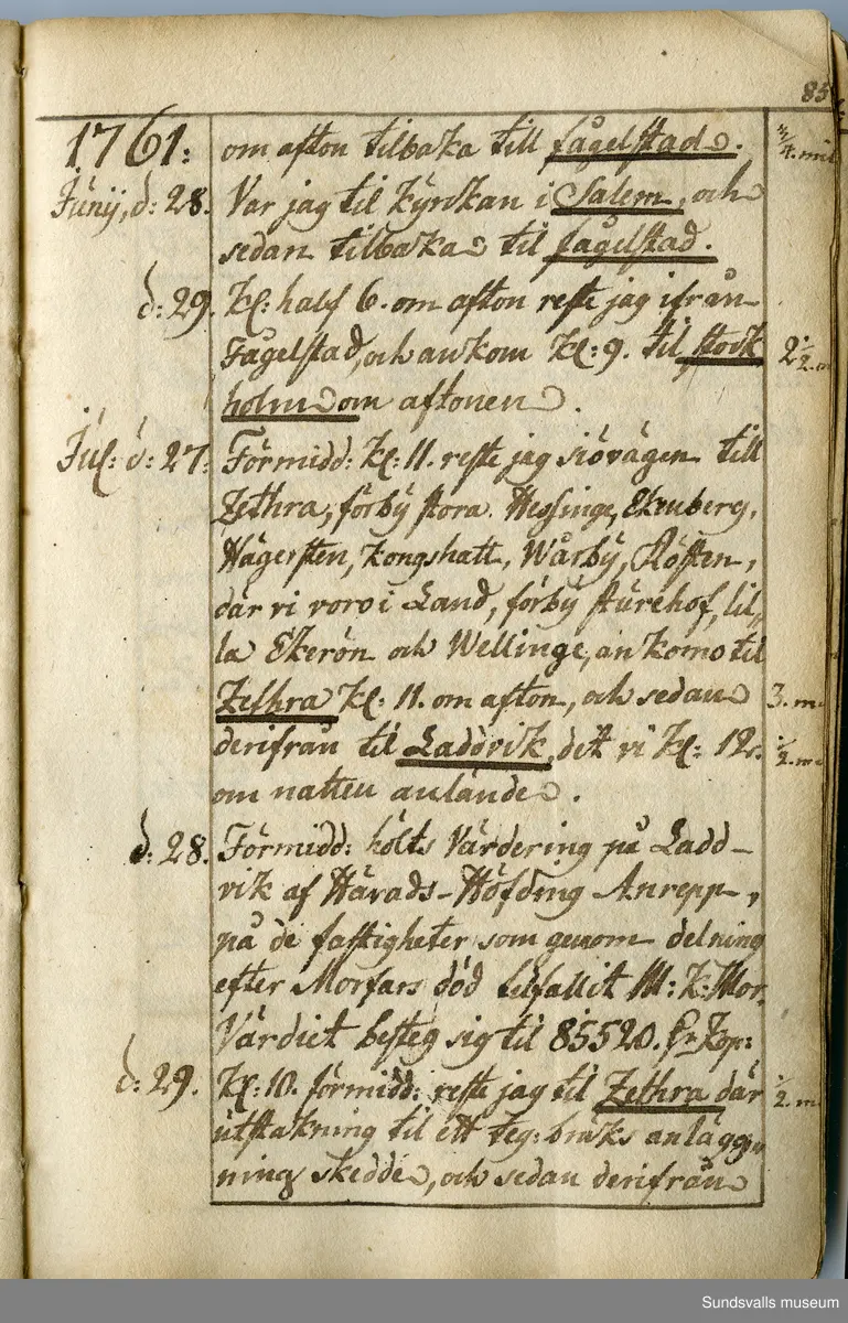 Dagbok. Anders Modée (1732-1800)

Anders Modée föddes i Stockholm. Han gjorde militär karriär och avslutade som kapten 1768. 
Anders Modée bosatte sig i Sundsvall där han arbetade som bränneriinspektor och förvaltare. Han avled i Tuna (Y).
Anteckningarna är bland annat från hans tjänstgöring i det pommerska kriget (1758–1760). I slutet av boken finns anteckningar från 1834–1840, av okänd hand.

Se länkad fil för komplett dagbok