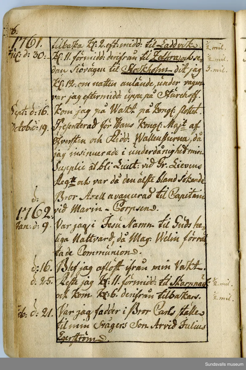 Dagbok. Anders Modée (1732-1800)

Anders Modée föddes i Stockholm. Han gjorde militär karriär och avslutade som kapten 1768. 
Anders Modée bosatte sig i Sundsvall där han arbetade som bränneriinspektor och förvaltare. Han avled i Tuna (Y).
Anteckningarna är bland annat från hans tjänstgöring i det pommerska kriget (1758–1760). I slutet av boken finns anteckningar från 1834–1840, av okänd hand.

Se länkad fil för komplett dagbok