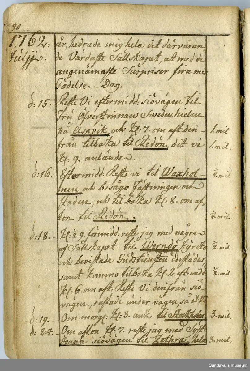 Dagbok. Anders Modée (1732-1800)

Anders Modée föddes i Stockholm. Han gjorde militär karriär och avslutade som kapten 1768. 
Anders Modée bosatte sig i Sundsvall där han arbetade som bränneriinspektor och förvaltare. Han avled i Tuna (Y).
Anteckningarna är bland annat från hans tjänstgöring i det pommerska kriget (1758–1760). I slutet av boken finns anteckningar från 1834–1840, av okänd hand.

Se länkad fil för komplett dagbok
