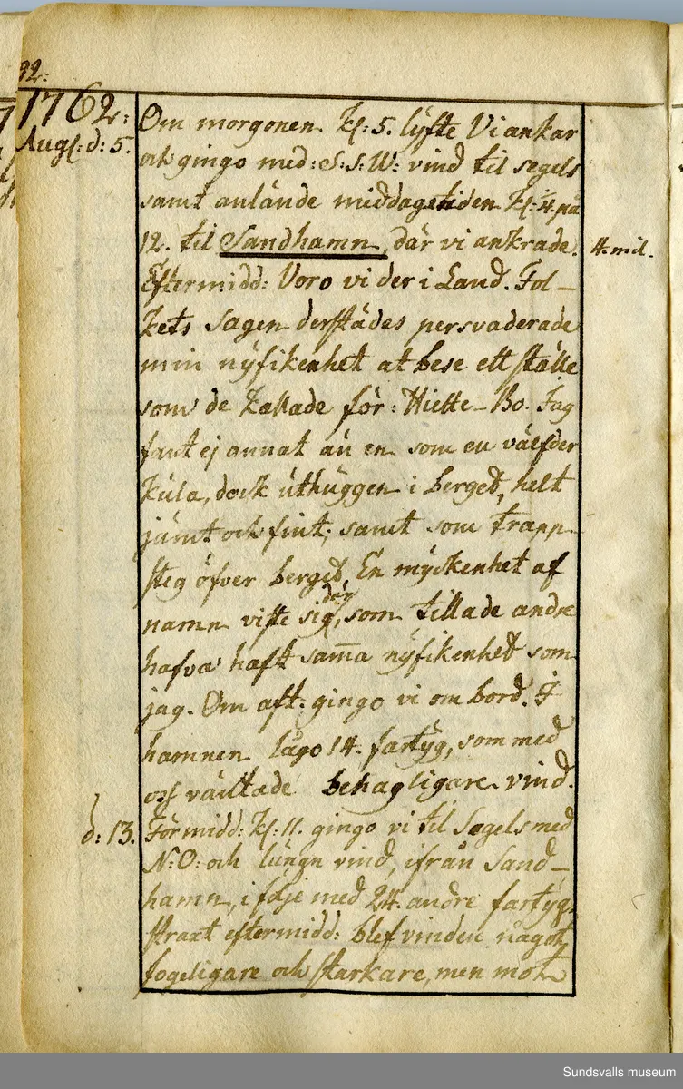 Dagbok. Anders Modée (1732-1800)

Anders Modée föddes i Stockholm. Han gjorde militär karriär och avslutade som kapten 1768. 
Anders Modée bosatte sig i Sundsvall där han arbetade som bränneriinspektor och förvaltare. Han avled i Tuna (Y).
Anteckningarna är bland annat från hans tjänstgöring i det pommerska kriget (1758–1760). I slutet av boken finns anteckningar från 1834–1840, av okänd hand.

Se länkad fil för komplett dagbok