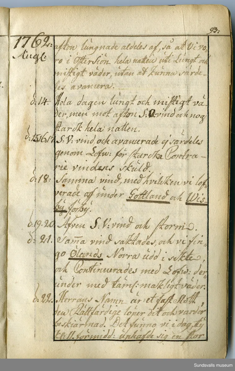 Dagbok. Anders Modée (1732-1800)

Anders Modée föddes i Stockholm. Han gjorde militär karriär och avslutade som kapten 1768. 
Anders Modée bosatte sig i Sundsvall där han arbetade som bränneriinspektor och förvaltare. Han avled i Tuna (Y).
Anteckningarna är bland annat från hans tjänstgöring i det pommerska kriget (1758–1760). I slutet av boken finns anteckningar från 1834–1840, av okänd hand.

Se länkad fil för komplett dagbok