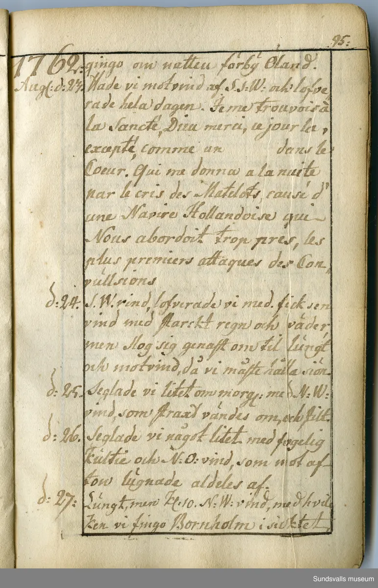 Dagbok. Anders Modée (1732-1800)

Anders Modée föddes i Stockholm. Han gjorde militär karriär och avslutade som kapten 1768. 
Anders Modée bosatte sig i Sundsvall där han arbetade som bränneriinspektor och förvaltare. Han avled i Tuna (Y).
Anteckningarna är bland annat från hans tjänstgöring i det pommerska kriget (1758–1760). I slutet av boken finns anteckningar från 1834–1840, av okänd hand.

Se länkad fil för komplett dagbok