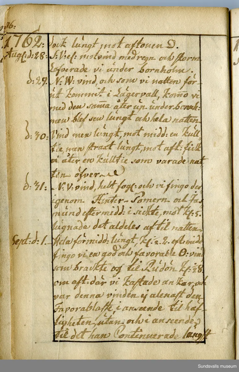 Dagbok. Anders Modée (1732-1800)

Anders Modée föddes i Stockholm. Han gjorde militär karriär och avslutade som kapten 1768. 
Anders Modée bosatte sig i Sundsvall där han arbetade som bränneriinspektor och förvaltare. Han avled i Tuna (Y).
Anteckningarna är bland annat från hans tjänstgöring i det pommerska kriget (1758–1760). I slutet av boken finns anteckningar från 1834–1840, av okänd hand.

Se länkad fil för komplett dagbok