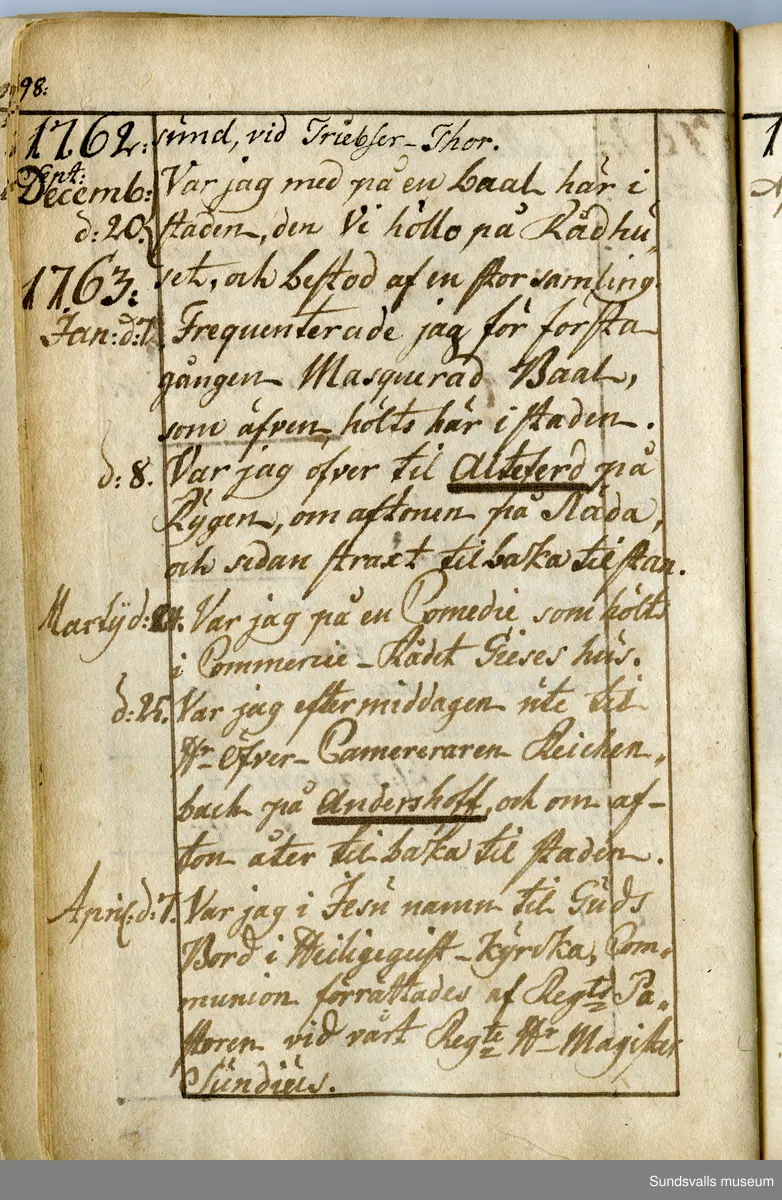 Dagbok. Anders Modée (1732-1800)

Anders Modée föddes i Stockholm. Han gjorde militär karriär och avslutade som kapten 1768. 
Anders Modée bosatte sig i Sundsvall där han arbetade som bränneriinspektor och förvaltare. Han avled i Tuna (Y).
Anteckningarna är bland annat från hans tjänstgöring i det pommerska kriget (1758–1760). I slutet av boken finns anteckningar från 1834–1840, av okänd hand.

Se länkad fil för komplett dagbok