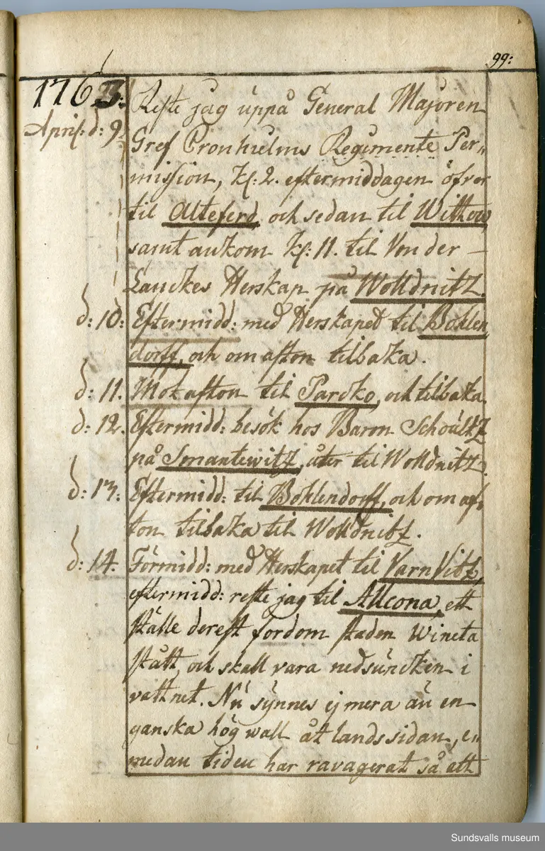 Dagbok. Anders Modée (1732-1800)

Anders Modée föddes i Stockholm. Han gjorde militär karriär och avslutade som kapten 1768. 
Anders Modée bosatte sig i Sundsvall där han arbetade som bränneriinspektor och förvaltare. Han avled i Tuna (Y).
Anteckningarna är bland annat från hans tjänstgöring i det pommerska kriget (1758–1760). I slutet av boken finns anteckningar från 1834–1840, av okänd hand.

Se länkad fil för komplett dagbok