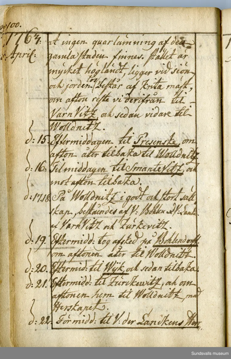 Dagbok. Anders Modée (1732-1800)

Anders Modée föddes i Stockholm. Han gjorde militär karriär och avslutade som kapten 1768. 
Anders Modée bosatte sig i Sundsvall där han arbetade som bränneriinspektor och förvaltare. Han avled i Tuna (Y).
Anteckningarna är bland annat från hans tjänstgöring i det pommerska kriget (1758–1760). I slutet av boken finns anteckningar från 1834–1840, av okänd hand.

Se länkad fil för komplett dagbok
