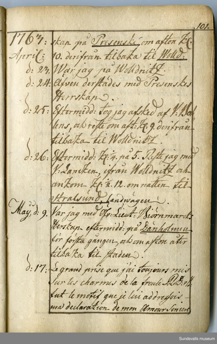 Dagbok. Anders Modée (1732-1800)

Anders Modée föddes i Stockholm. Han gjorde militär karriär och avslutade som kapten 1768. 
Anders Modée bosatte sig i Sundsvall där han arbetade som bränneriinspektor och förvaltare. Han avled i Tuna (Y).
Anteckningarna är bland annat från hans tjänstgöring i det pommerska kriget (1758–1760). I slutet av boken finns anteckningar från 1834–1840, av okänd hand.

Se länkad fil för komplett dagbok