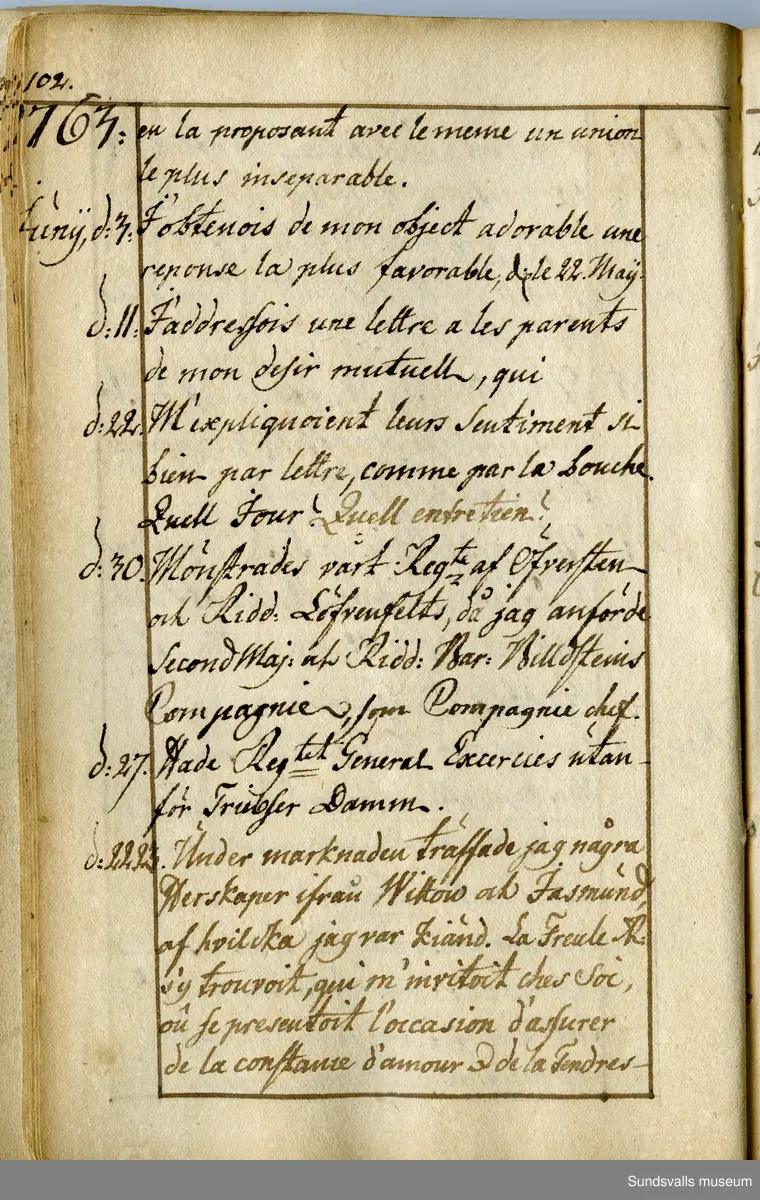 Dagbok. Anders Modée (1732-1800)

Anders Modée föddes i Stockholm. Han gjorde militär karriär och avslutade som kapten 1768. 
Anders Modée bosatte sig i Sundsvall där han arbetade som bränneriinspektor och förvaltare. Han avled i Tuna (Y).
Anteckningarna är bland annat från hans tjänstgöring i det pommerska kriget (1758–1760). I slutet av boken finns anteckningar från 1834–1840, av okänd hand.

Se länkad fil för komplett dagbok