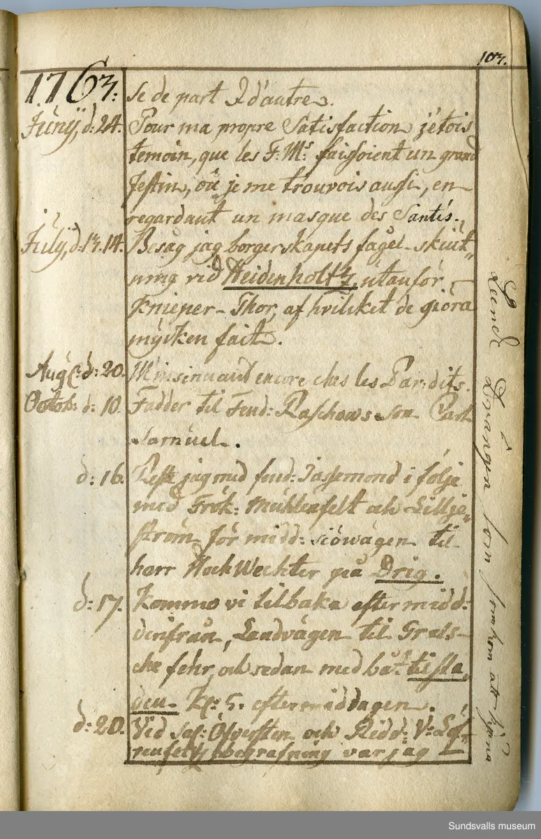 Dagbok. Anders Modée (1732-1800)

Anders Modée föddes i Stockholm. Han gjorde militär karriär och avslutade som kapten 1768. 
Anders Modée bosatte sig i Sundsvall där han arbetade som bränneriinspektor och förvaltare. Han avled i Tuna (Y).
Anteckningarna är bland annat från hans tjänstgöring i det pommerska kriget (1758–1760). I slutet av boken finns anteckningar från 1834–1840, av okänd hand.

Se länkad fil för komplett dagbok