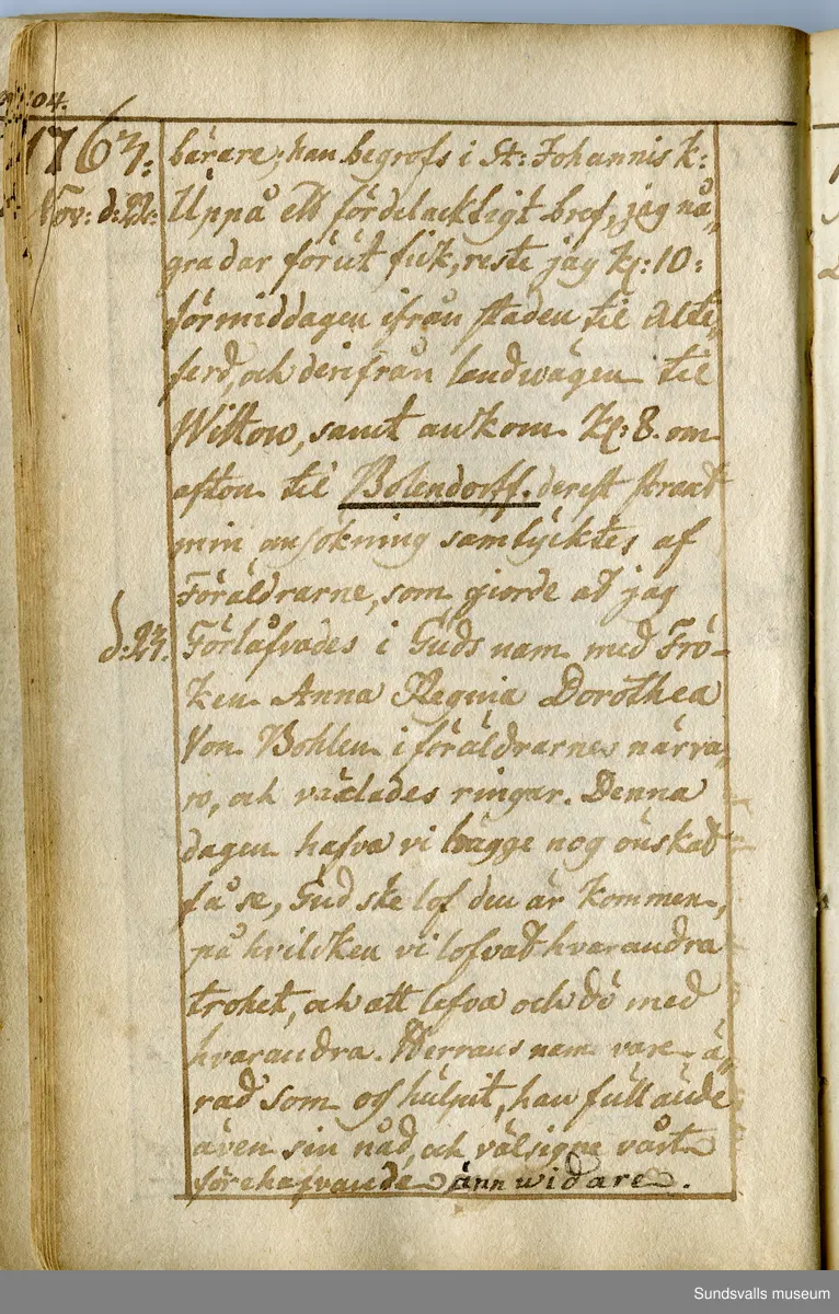 Dagbok. Anders Modée (1732-1800)

Anders Modée föddes i Stockholm. Han gjorde militär karriär och avslutade som kapten 1768. 
Anders Modée bosatte sig i Sundsvall där han arbetade som bränneriinspektor och förvaltare. Han avled i Tuna (Y).
Anteckningarna är bland annat från hans tjänstgöring i det pommerska kriget (1758–1760). I slutet av boken finns anteckningar från 1834–1840, av okänd hand.

Se länkad fil för komplett dagbok