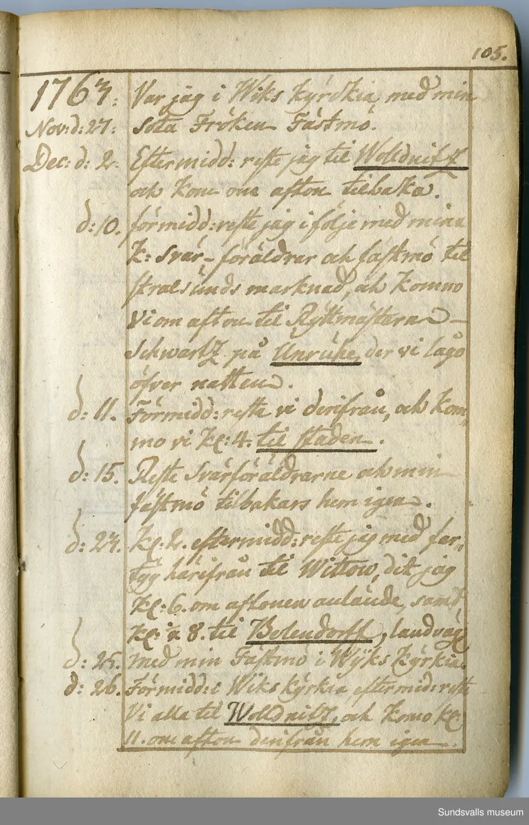 Dagbok. Anders Modée (1732-1800)

Anders Modée föddes i Stockholm. Han gjorde militär karriär och avslutade som kapten 1768. 
Anders Modée bosatte sig i Sundsvall där han arbetade som bränneriinspektor och förvaltare. Han avled i Tuna (Y).
Anteckningarna är bland annat från hans tjänstgöring i det pommerska kriget (1758–1760). I slutet av boken finns anteckningar från 1834–1840, av okänd hand.

Se länkad fil för komplett dagbok