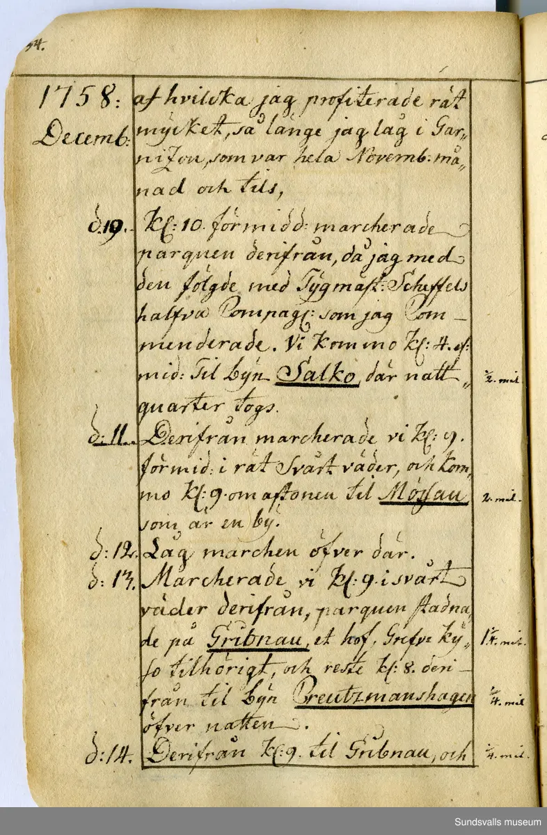 Dagbok. Anders Modée (1732-1800)

Anders Modée föddes i Stockholm. Han gjorde militär karriär och avslutade som kapten 1768. 
Anders Modée bosatte sig i Sundsvall där han arbetade som bränneriinspektor och förvaltare. Han avled i Tuna (Y).
Anteckningarna är bland annat från hans tjänstgöring i det pommerska kriget (1758–1760). I slutet av boken finns anteckningar från 1834–1840, av okänd hand.

Se länkad fil för komplett dagbok