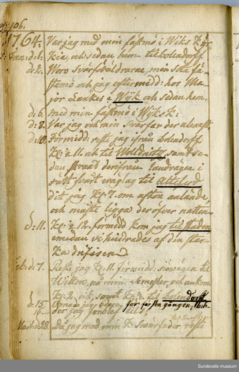 Dagbok. Anders Modée (1732-1800)

Anders Modée föddes i Stockholm. Han gjorde militär karriär och avslutade som kapten 1768. 
Anders Modée bosatte sig i Sundsvall där han arbetade som bränneriinspektor och förvaltare. Han avled i Tuna (Y).
Anteckningarna är bland annat från hans tjänstgöring i det pommerska kriget (1758–1760). I slutet av boken finns anteckningar från 1834–1840, av okänd hand.

Se länkad fil för komplett dagbok