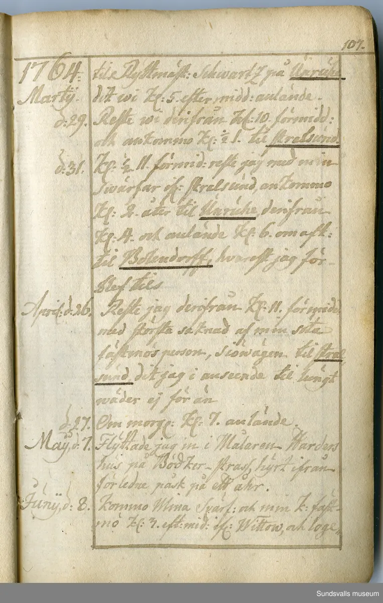 Dagbok skriven av Anders Modée (1732–1800). Modée gjorde militär karriär och avslutade som kapten vid sitt avsked 1768. 
Anteckningar är bland annat från hans tjänstgöring i det pommerska kriget (1758–1760).

I slutet av boken finns anteckningar från 1834–1840, av okänd hand.