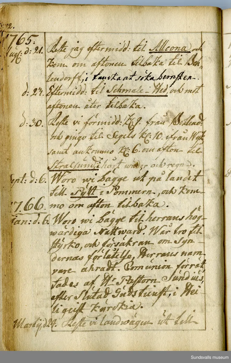Dagbok. Anders Modée (1732-1800)

Anders Modée föddes i Stockholm. Han gjorde militär karriär och avslutade som kapten 1768. 
Anders Modée bosatte sig i Sundsvall där han arbetade som bränneriinspektor och förvaltare. Han avled i Tuna (Y).
Anteckningarna är bland annat från hans tjänstgöring i det pommerska kriget (1758–1760). I slutet av boken finns anteckningar från 1834–1840, av okänd hand.

Se länkad fil för komplett dagbok
