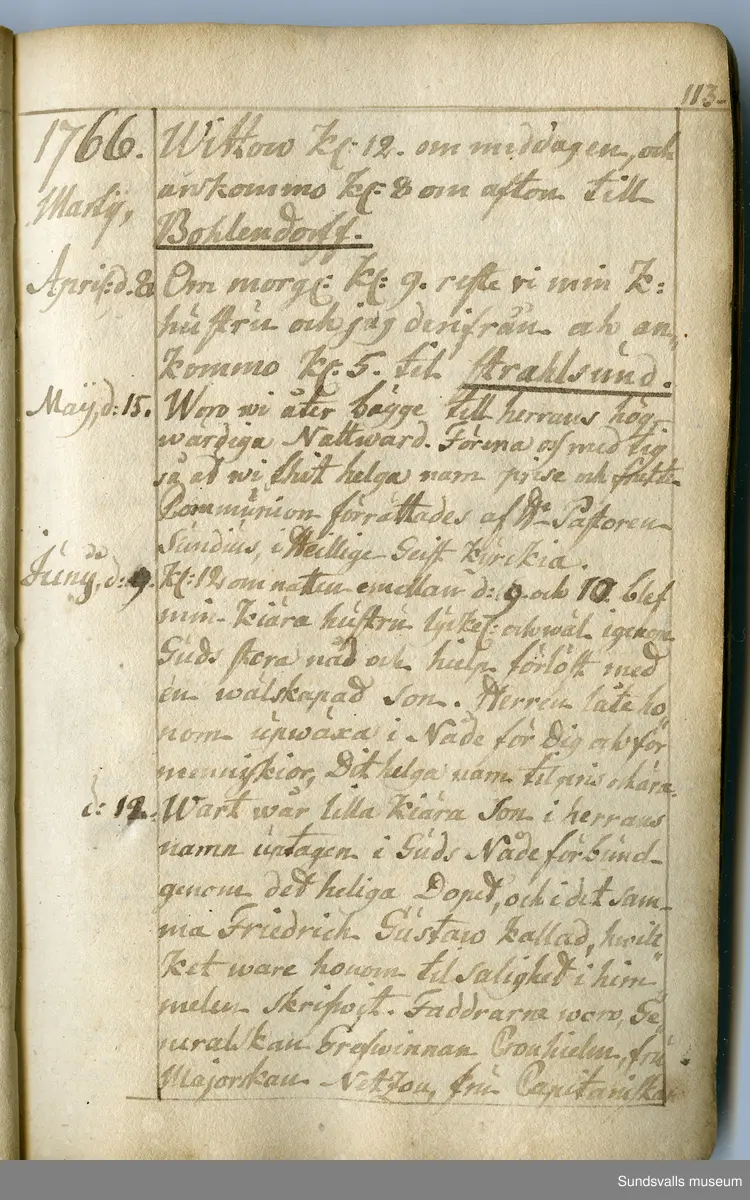 Dagbok. Anders Modée (1732-1800)

Anders Modée föddes i Stockholm. Han gjorde militär karriär och avslutade som kapten 1768. 
Anders Modée bosatte sig i Sundsvall där han arbetade som bränneriinspektor och förvaltare. Han avled i Tuna (Y).
Anteckningarna är bland annat från hans tjänstgöring i det pommerska kriget (1758–1760). I slutet av boken finns anteckningar från 1834–1840, av okänd hand.

Se länkad fil för komplett dagbok