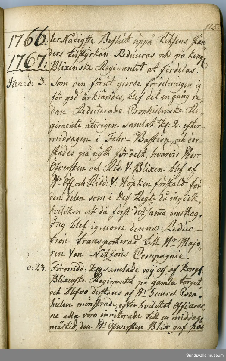 Dagbok. Anders Modée (1732-1800)

Anders Modée föddes i Stockholm. Han gjorde militär karriär och avslutade som kapten 1768. 
Anders Modée bosatte sig i Sundsvall där han arbetade som bränneriinspektor och förvaltare. Han avled i Tuna (Y).
Anteckningarna är bland annat från hans tjänstgöring i det pommerska kriget (1758–1760). I slutet av boken finns anteckningar från 1834–1840, av okänd hand.

Se länkad fil för komplett dagbok