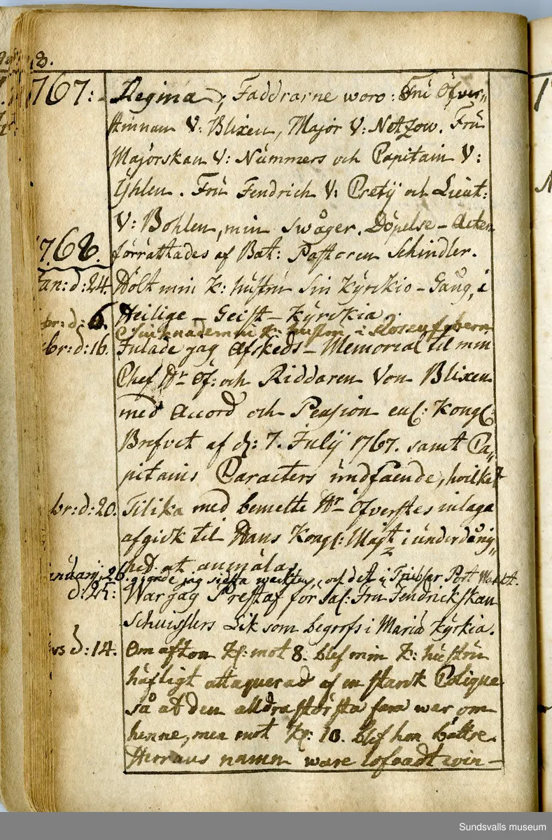 Dagbok. Anders Modée (1732-1800)

Anders Modée föddes i Stockholm. Han gjorde militär karriär och avslutade som kapten 1768. 
Anders Modée bosatte sig i Sundsvall där han arbetade som bränneriinspektor och förvaltare. Han avled i Tuna (Y).
Anteckningarna är bland annat från hans tjänstgöring i det pommerska kriget (1758–1760). I slutet av boken finns anteckningar från 1834–1840, av okänd hand.

Se länkad fil för komplett dagbok